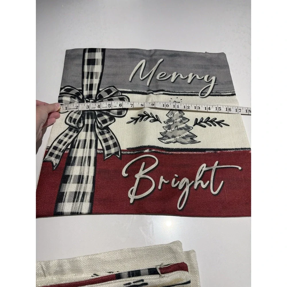 MERRY/BRIGHT Christmas Burlap‎ Throw Pillow Cover 16x16 Winter Holiday 4 PCs